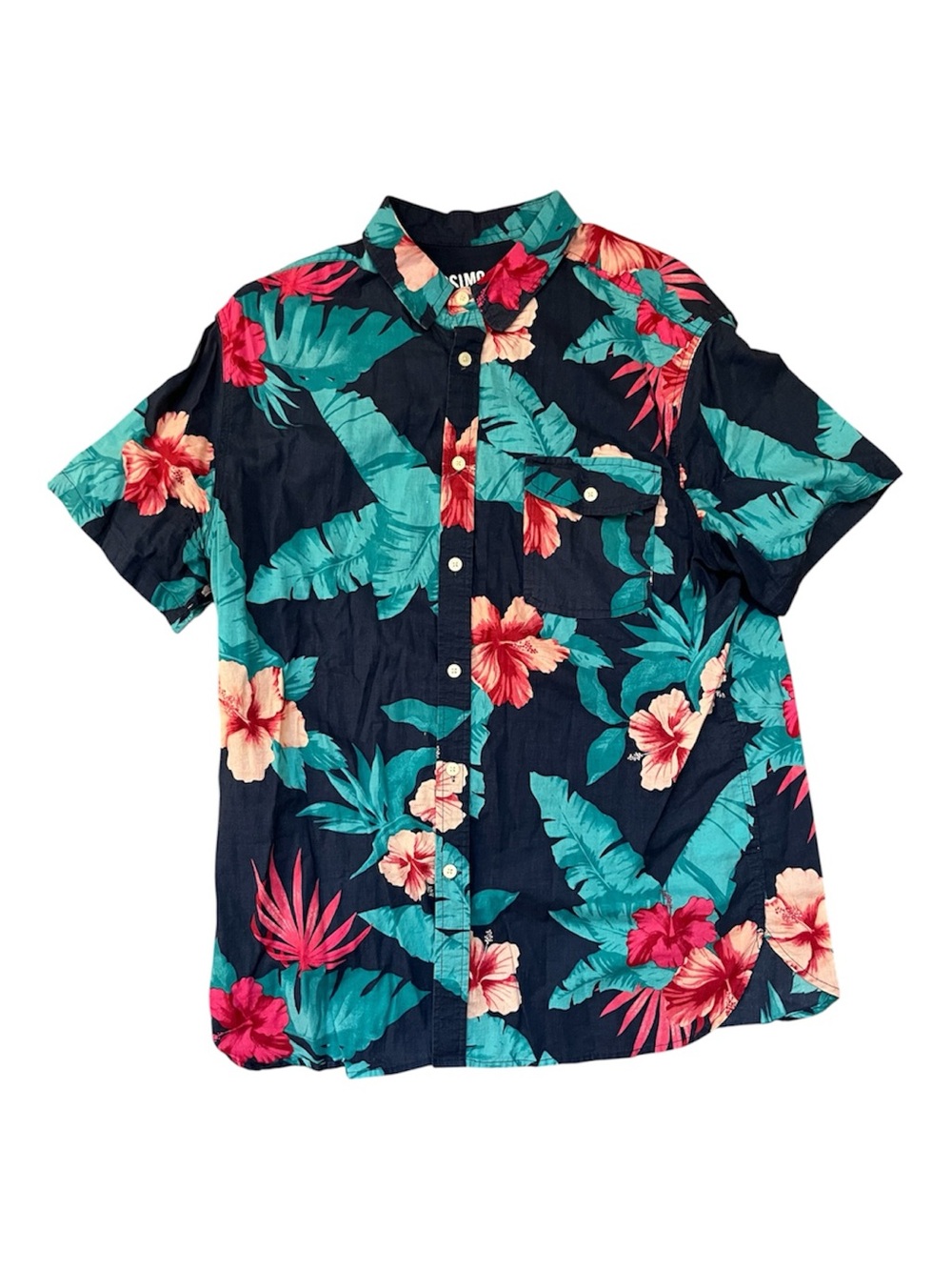 Tropical Floral Short-Sleeve Button-Up Shirt - Navy/Teal/Pink